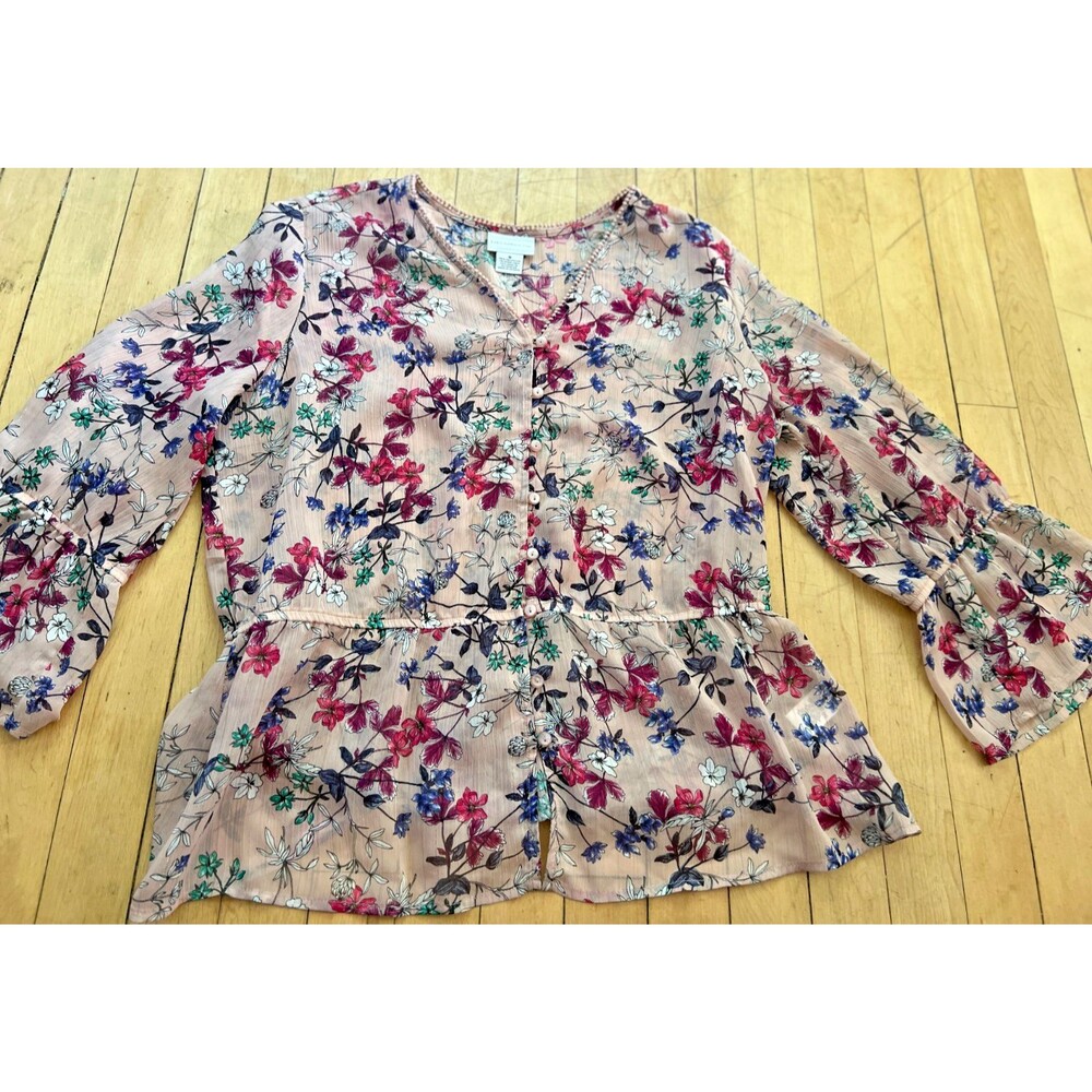 Liz Claiborne Womens Medium M Dusty Pink Blush Floral V-Neck Blouse